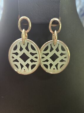VINTAGE MONET Signed Pierced Earrings Gold Tone Green Lucite Cutout Drop Dangle
